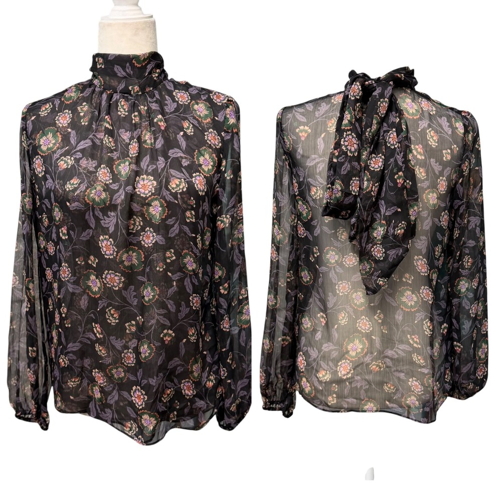 MISA Los Angeles Tunic Top Women XS High Neck Sheer Floral Balloon Sleeve Layer